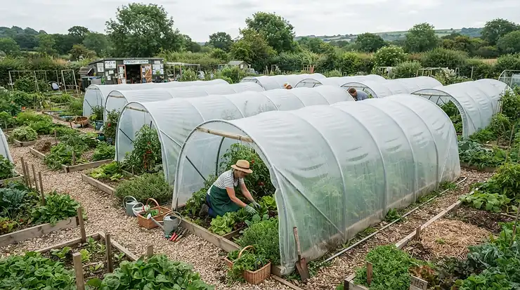 Several cloche tunnel for vegetables setups arranged across community allotment beds