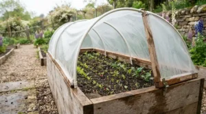 Early sowing of spring crops inside a cloche tunnel for vegetables on a wooden raised garden bed