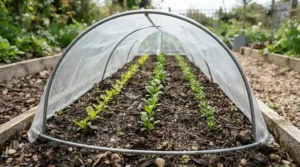 A clear cloche tunnel for vegetables protecting tender young seedlings on a British allotment plot