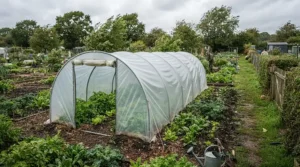 Sturdy cloche tunnel for vegetables positioned to withstand spring winds on an exposed plot