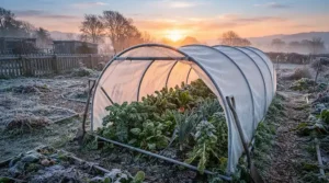Insulated cloche tunnel for vegetables keeping winter brassicas safe from morning frost