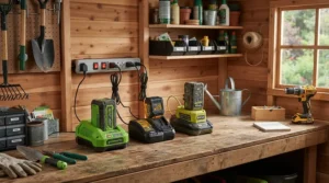 Spare lithium-ion power packs charging on a workbench next to cordless lawn mowers.