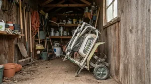 Folded handles on lightweight cordless lawn mowers stored neatly in a narrow garden shed.