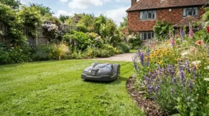 Zero-emission cordless lawn mowers cutting grass surrounded by wildlife-friendly flower beds.