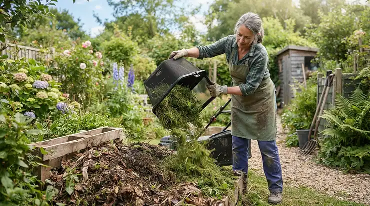 Emptying grass clippings from the rear collector bag of eco-friendly cordless lawn mowers.