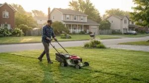 Quiet cordless lawn mowers being used for an early morning mow in a suburban housing estate.