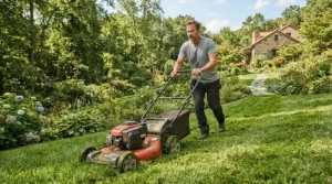 Pushing lightweight cordless lawn mowers effortlessly up a gentle grassy slope in a back garden.