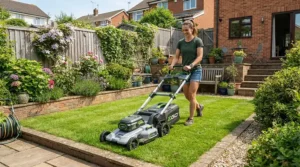 A homeowner mowing a compact lawn in a terraced garden using one of the best cordless lawn mowers.