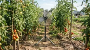 A dual-speed greenhouse fan set to high power to combat intense heatwaves in a polytunnel or glasshouse.