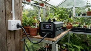 Energy efficient electric greenhouse heater for winter connected to a timer in a suburban garden