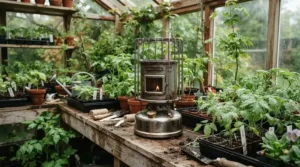 Compact electric greenhouse heater for winter frost protection keeping seedlings safe in a British garden shed