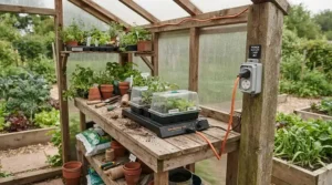Safe plug-in greenhouse heater running on an allotment plot with trailing waterproof cable