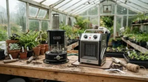 A side-by-side comparison illustrating an electric vs paraffin greenhouse heater setup in a wooden potting shed