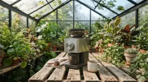 Electric winter warmer positioned on slatted staging inside a traditional glass house