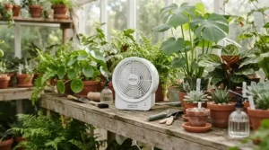 An energy-efficient greenhouse fan running economically to maintain healthy airflow without high electricity bills.