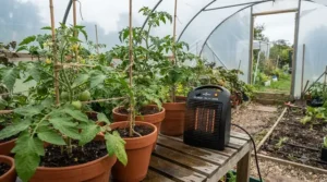 Thermostat-controlled greenhouse heater keeping tomato plants warm in an allotment plot