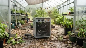 Fan-assisted greenhouse heater circulating warm air evenly through an allotment glasshouse
