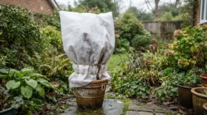 A white frost protection cover for plants secured tightly over potted outdoor shrubs during chilly autumn weather