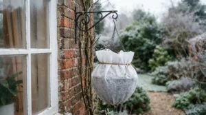 A protective frost protection cover for plants wrapped securely around a trailing floral hanging basket