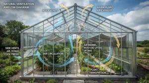A technical breakdown of a greenhouse fan vs vent opener illustrating how warm air escapes upwards while fans create horizontal circulation.