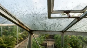 An illustration comparing greenhouse fan vs vent opener performance for managing high humidity and condensation during damp British winters.