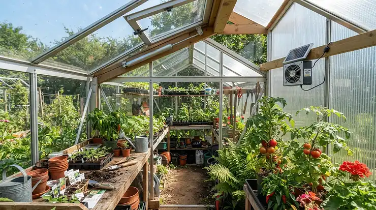 A greenhouse fan vs vent opener comparison showing a solar-powered exhaust system alongside a wax cylinder roof vent in a British allotment.
