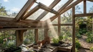 How a greenhouse fan vs vent opener handles fluctuating spring weather and sudden sunshine in a traditional timber-framed glasshouse.