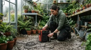 Gardener installing an electric vs paraffin greenhouse heater system in a glasshouse