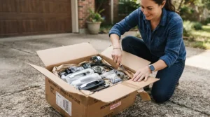 Unboxing a brand new lawn mower under £300 in a driveway ready for assembly