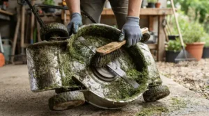 Performing routine blade cleaning on a corded lawn mower under £300 in the garage