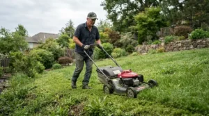 Mowing a sloping backyard with an easy-to-manoeuvre lawn mower under £300