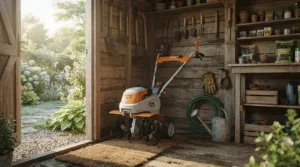 A compact lawn mower under £300 stored neatly in a small garden shed during spring