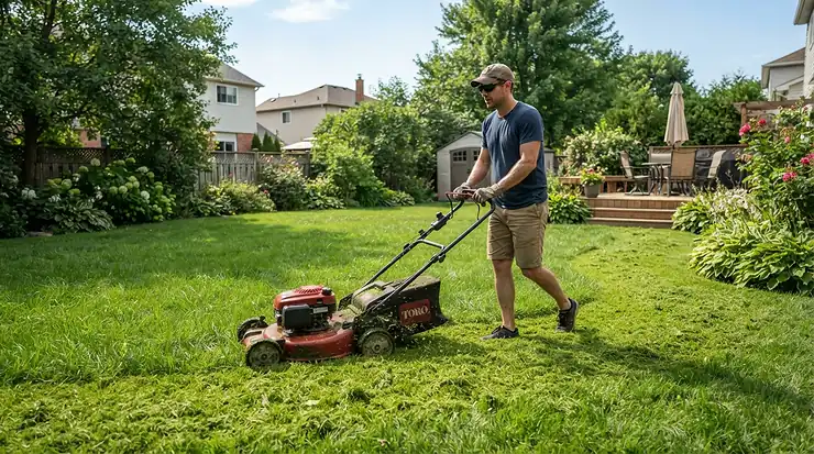 Homeowner using a reliable lawn mower under £300 on a neatly trimmed suburban lawn