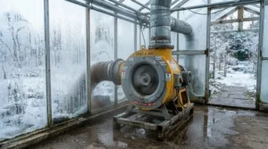 A heavy-duty mains-powered greenhouse fan helping prevent condensation and frost damage during chilly UK winters.