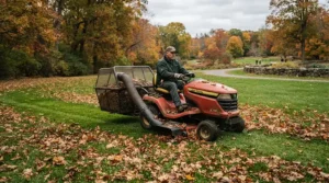 Clearing fallen autumn leaves from the grass with a mower for average garden in an English garden