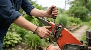 Close-up of adjusting the cutting height on a mower for average garden to maintain a tidy suburban lawn