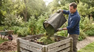 Emptying the grass collection box of a mower for average garden onto a compost heap in a British garden
