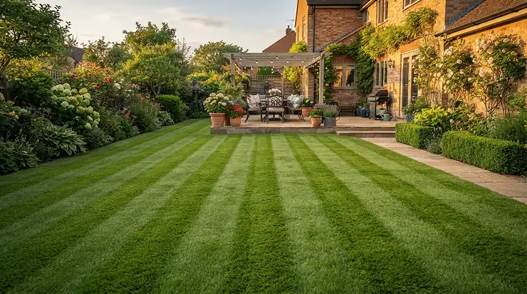 Achieving classic professional lawn stripes with a rear-roller mower for average garden in a UK garden