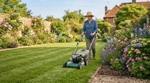 Using a reliable mower for average garden to cut grass near a flower border in a typical British back garden