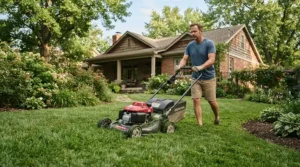 A self-propelled mower for average garden managing a gentle slope on a suburban UK lawn