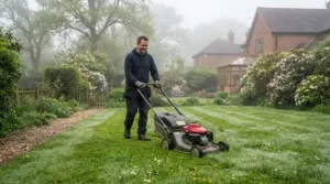 First spring cut using a mower for average garden on a damp British lawn after winter