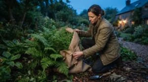 Preparing for chilly temperatures by tying a frost protection cover for plants around a garden fern