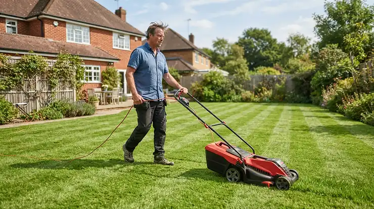 Managing power cables and mobility when using a petrol vs electric lawn mower