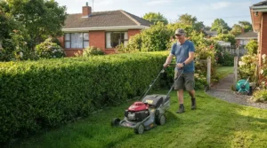 Demonstrating noise levels of a petrol vs electric lawn mower near a residential fence