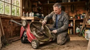 Checking seasonal servicing requirements for a petrol vs electric lawn mower in a shed