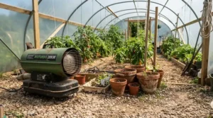 Portable electric greenhouse heater for winter keeping potted plants warm during cold British weather