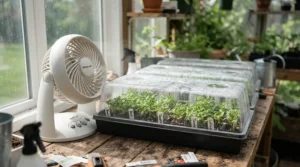 A whisper-quiet desktop greenhouse fan sitting beside propagator trays to prevent damping-off disease in young cuttings.