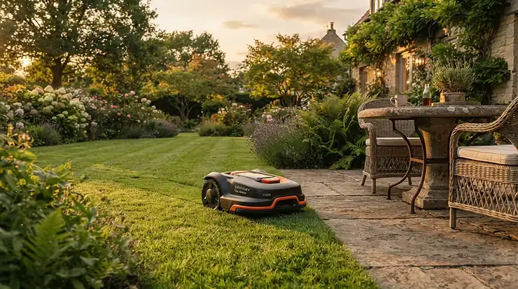 Quiet robotic lawn mowers cutting grass near a paved patio while family relaxes in the garden