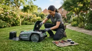 Professional setup of robotic lawn mowers during a garden installation across a typical UK patio and lawn