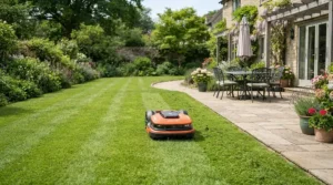 One of the modern robotic lawn mowers maintaining a lush green British lawn in a suburban back garden